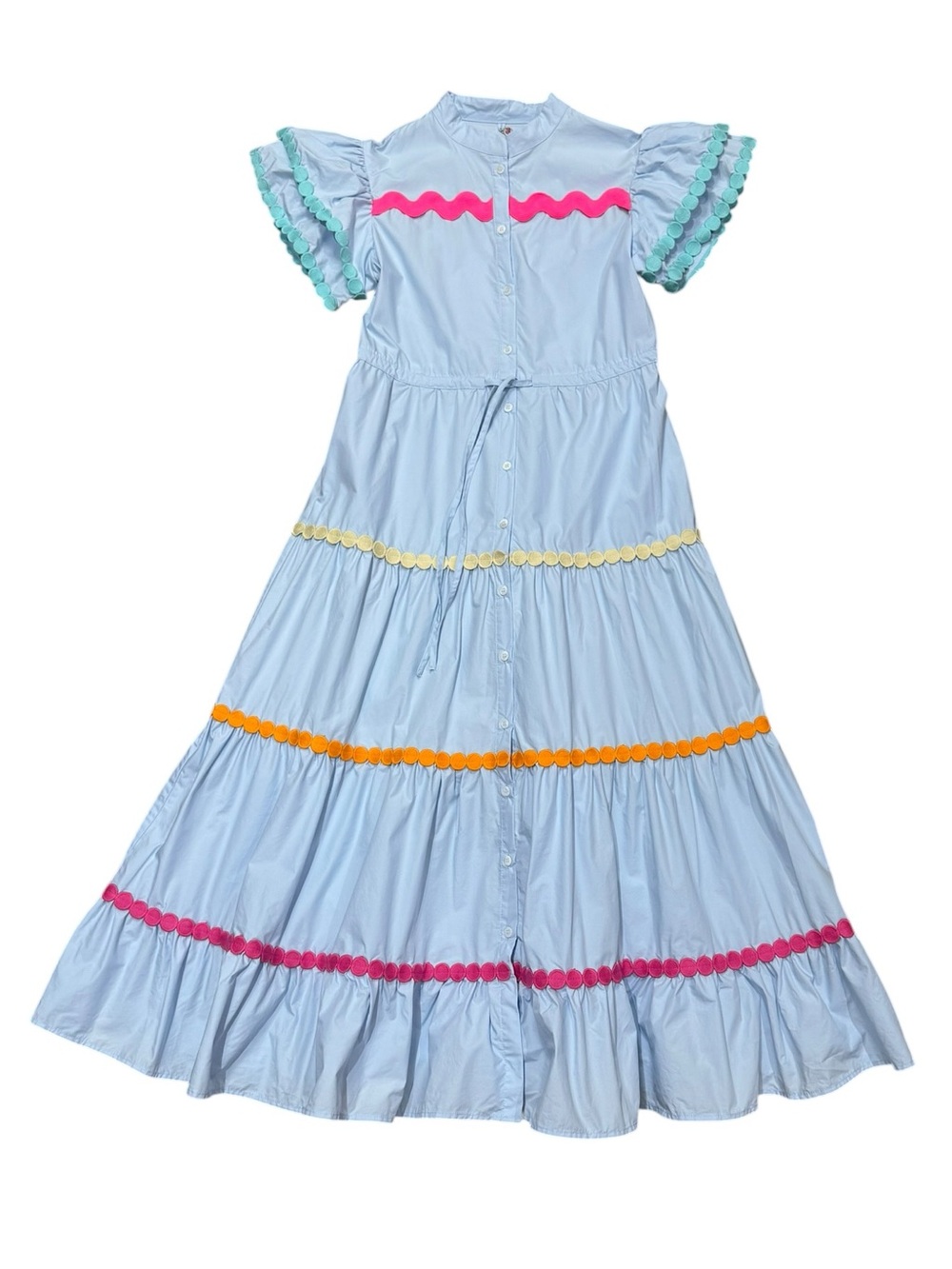 Celia B Sz M Dress Light Blue Tiered Button-Front Midi Maxi Short Sleeve Party